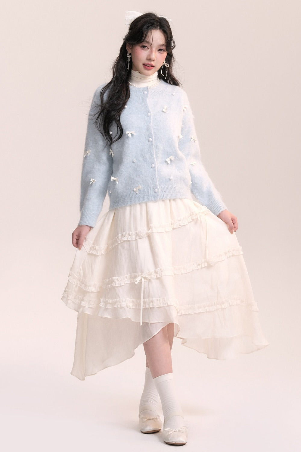 Ballet Bow Knit Cardigan With Skirt Set