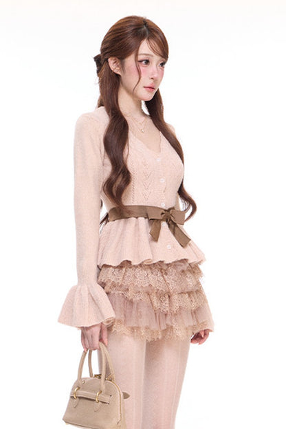 Bell-Sleeve Cardigan and Bow Belt Puffy Skirt Set-Up