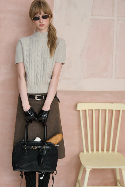 Cable Knit Stand Collar Short-Sleeved Sweater