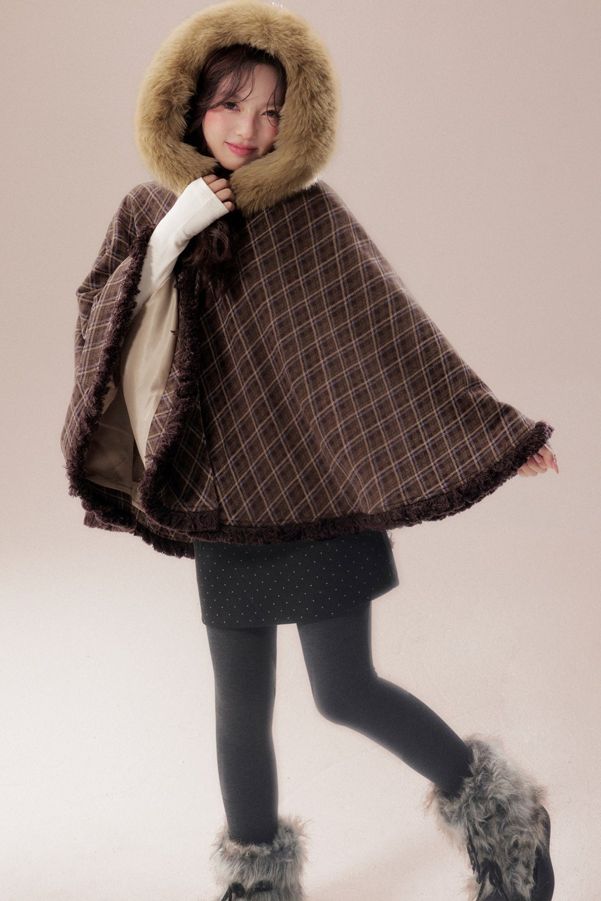 Plaid Fur Collar Hooded Shawl Cape