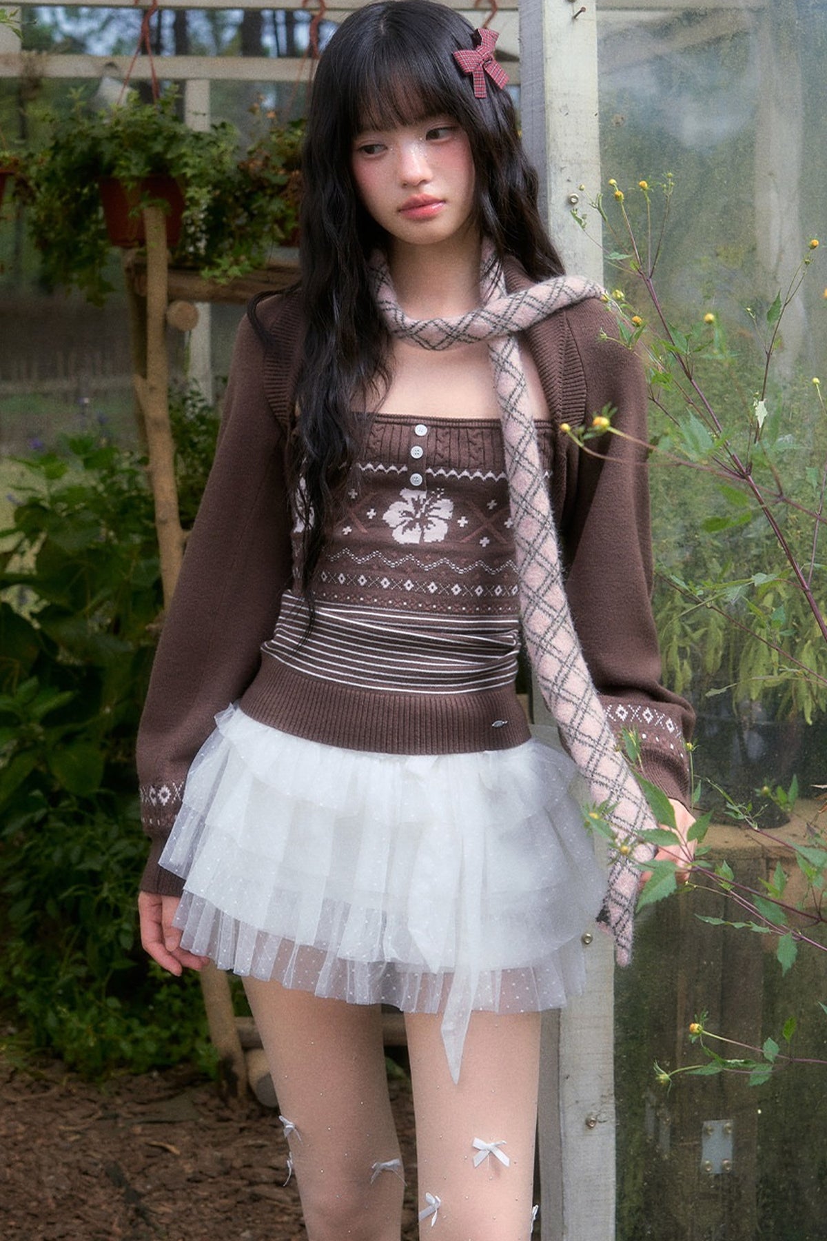 Brown Fair Isle Knit Tube Top and Cardigan Set-Up
