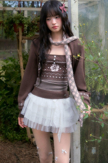 Brown Fair Isle Knit Tube Top and Cardigan Set-Up