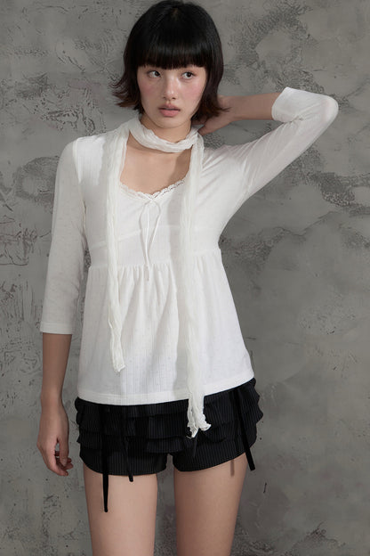 White Lace V-Neck T-Shirt