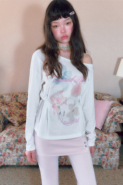 Floral Print Off-Shoulder Long-Sleeved Top and Skirt Set-Up