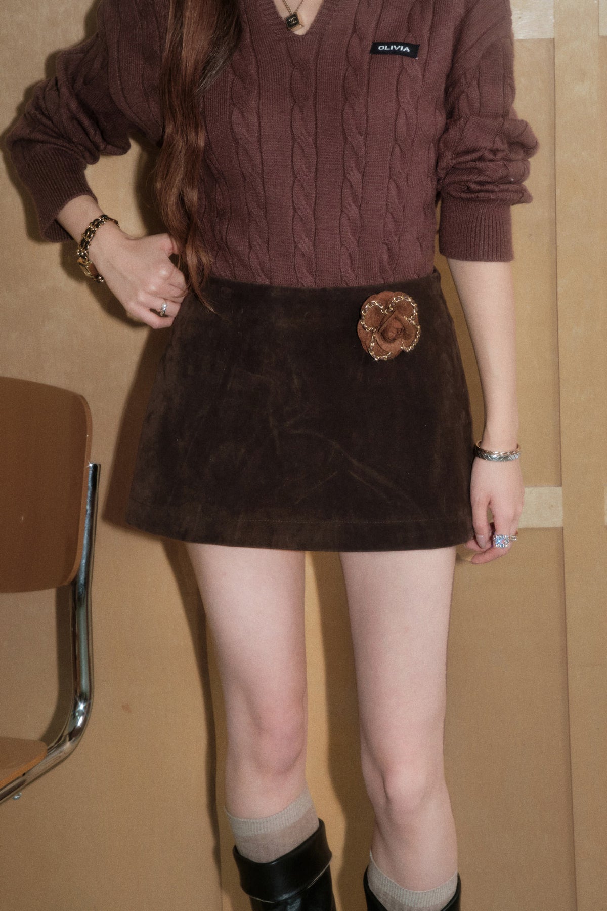 Brown Twist Lapel Knit Top and Skirt Set-Up