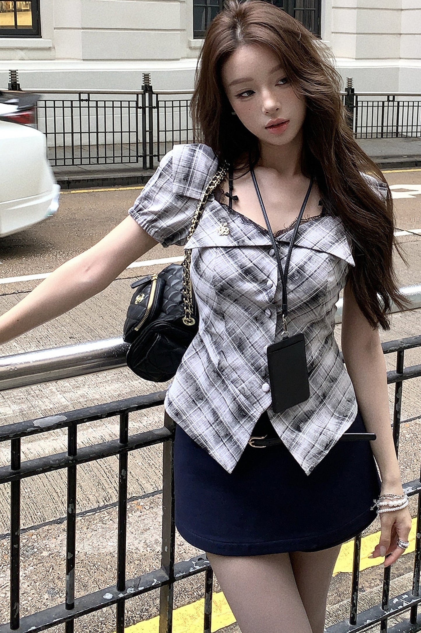 Plaid Patchwork Lace Bow Top and Black Hot Pants Set-Up