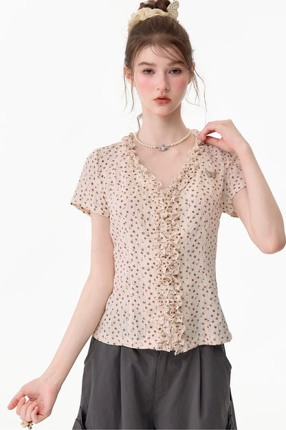Apricot Polka Dot Lace V-Neck T-Shirt