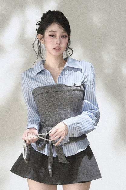 Layered-Look Knit Striped Shirt