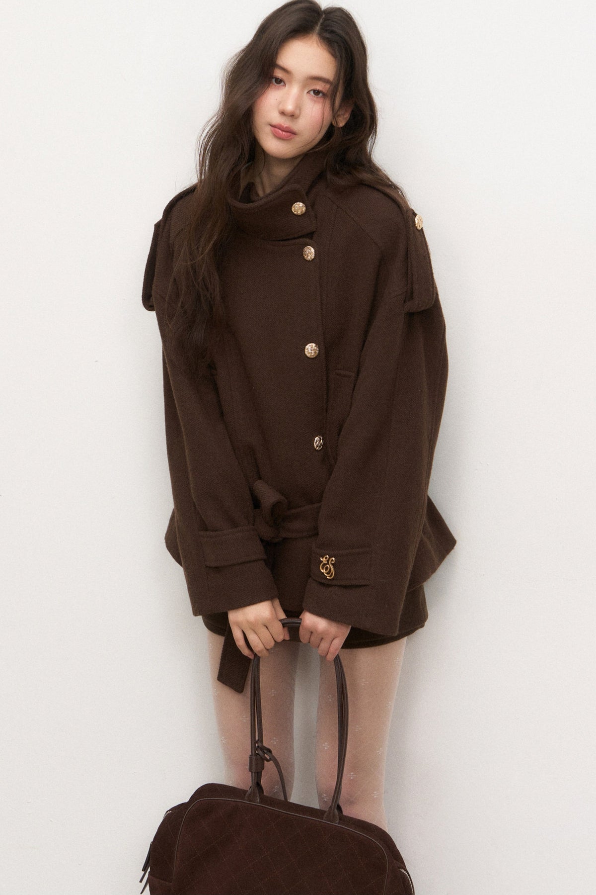 Stand-Collar Lace-Up Coat and Skirt Set-Up