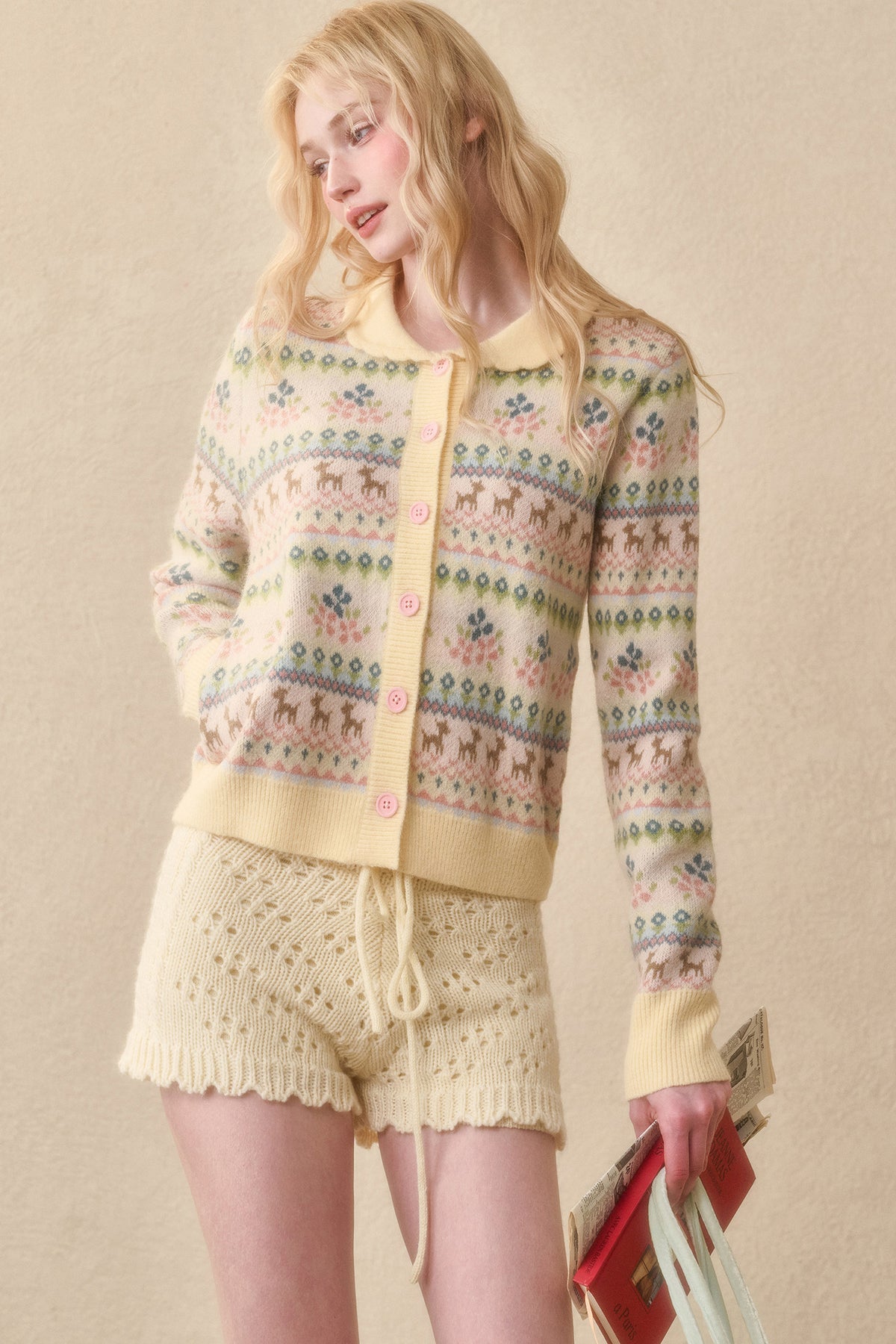 Reindeer Fair Isle Doll Collar Short Cardigan