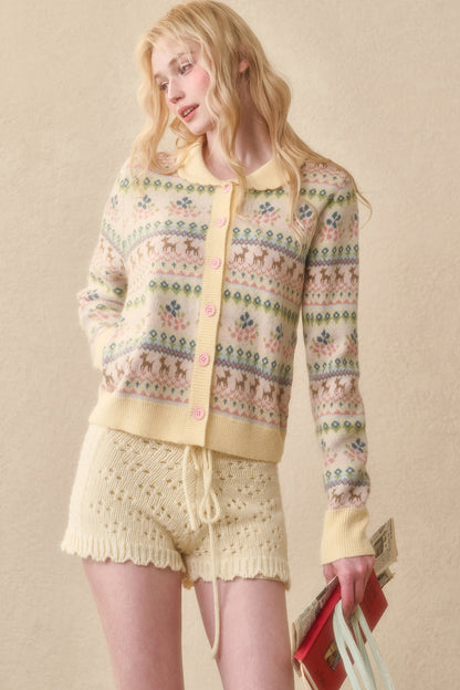 Reindeer Fair Isle Doll Collar Short Cardigan