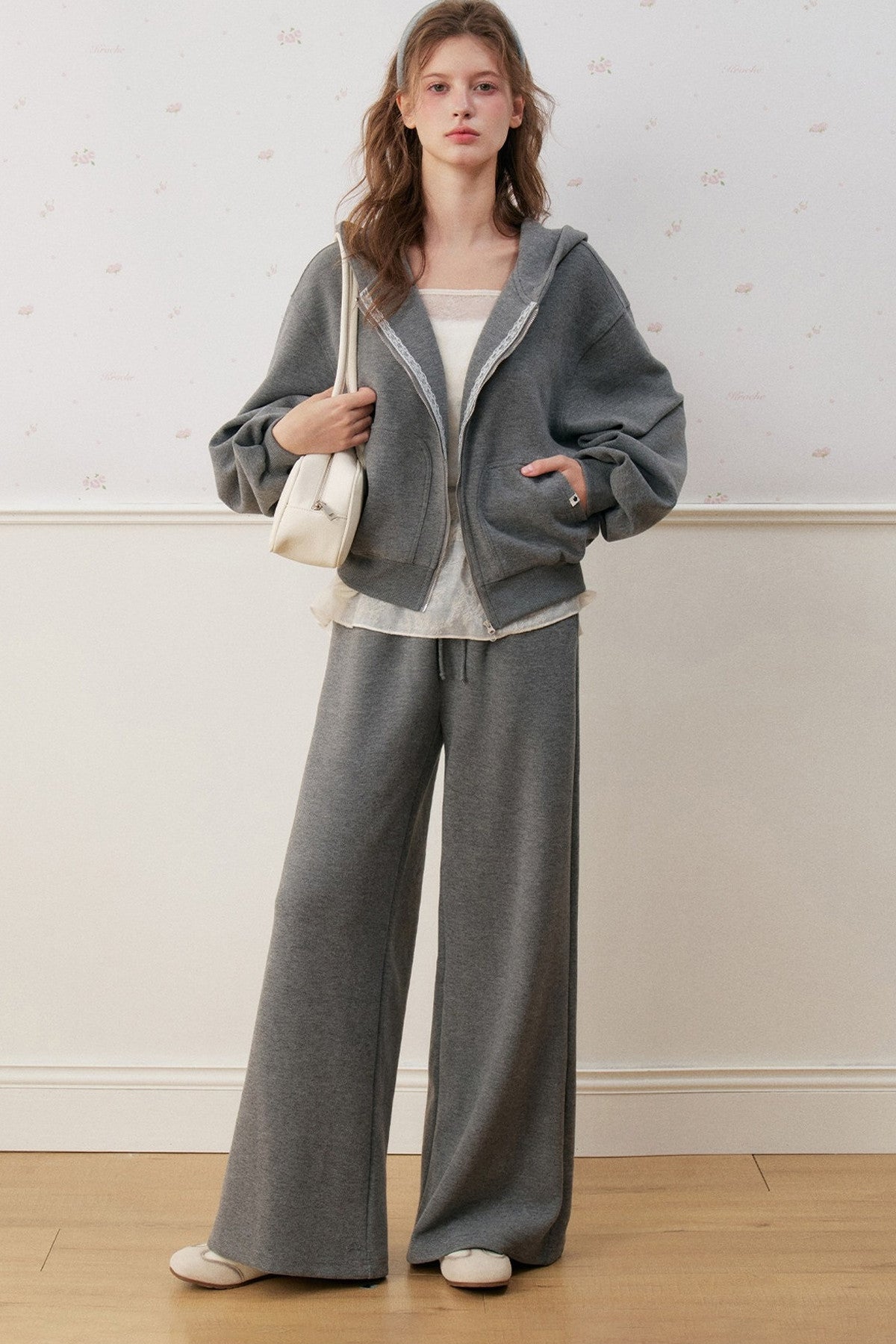 Lace Trim Double Zipper Hooded Jacket and Drawstring Pants Set-Up