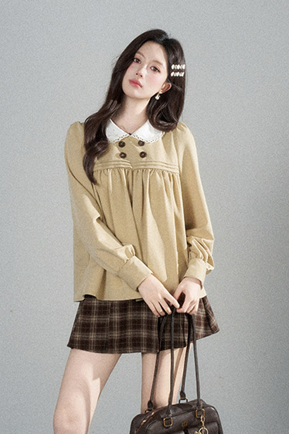 Khaki Doll Collar Pullover Shirt and Skirt Set-Up
