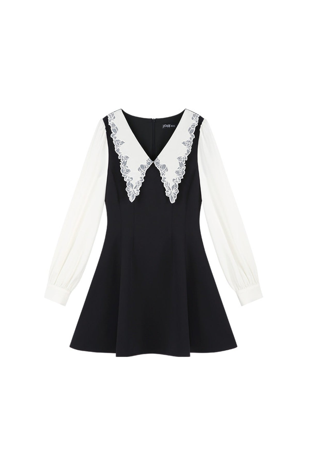 Schwarzes A-Linien-Kleid mit Bubikragen und tailliertem Schnitt