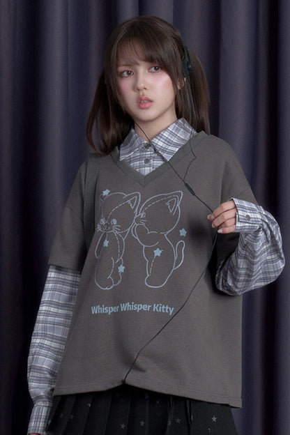 Sweatshirt im Lagenlook mit Katze und Karomuster