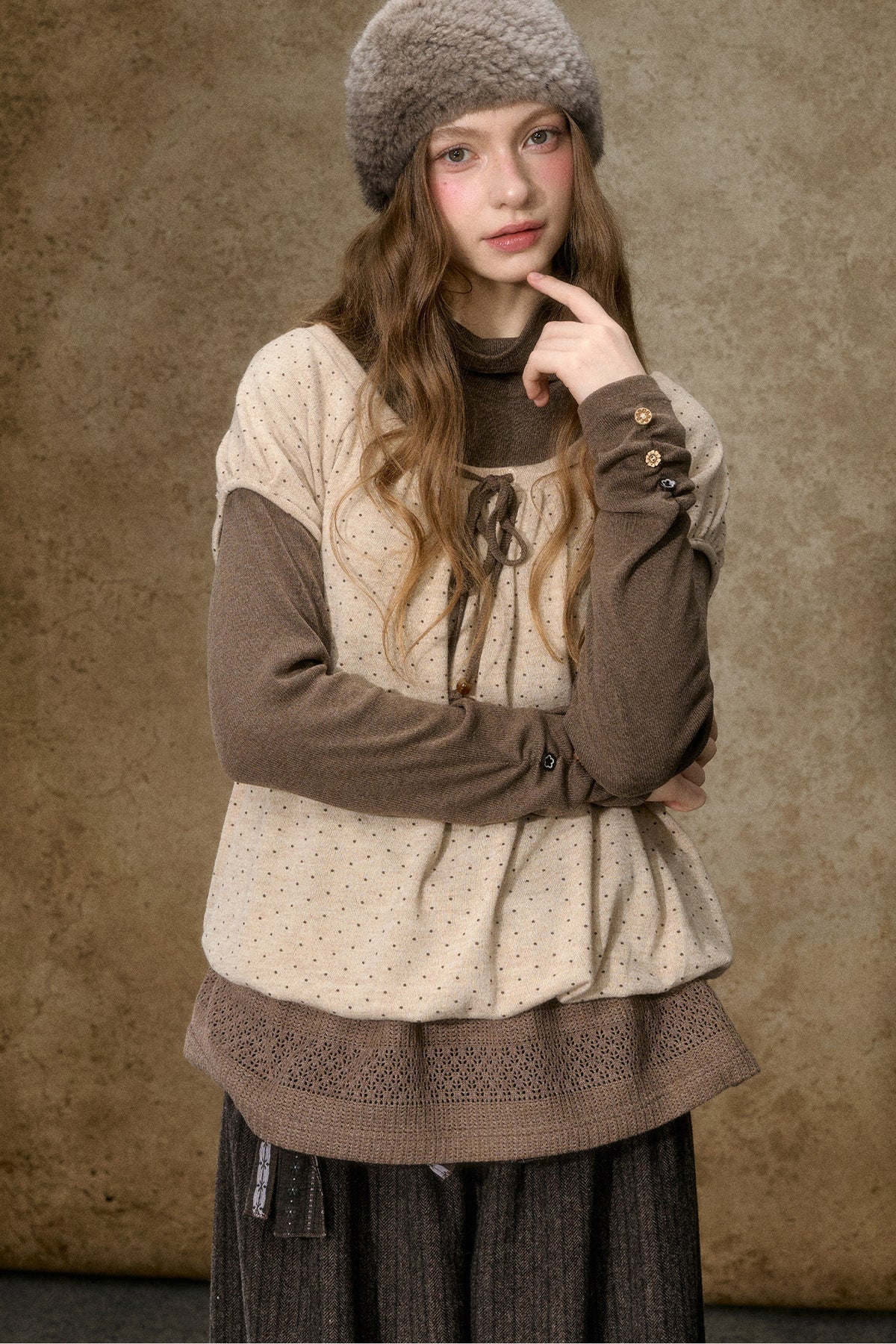 Layered-Look Polka Dot Knit Top