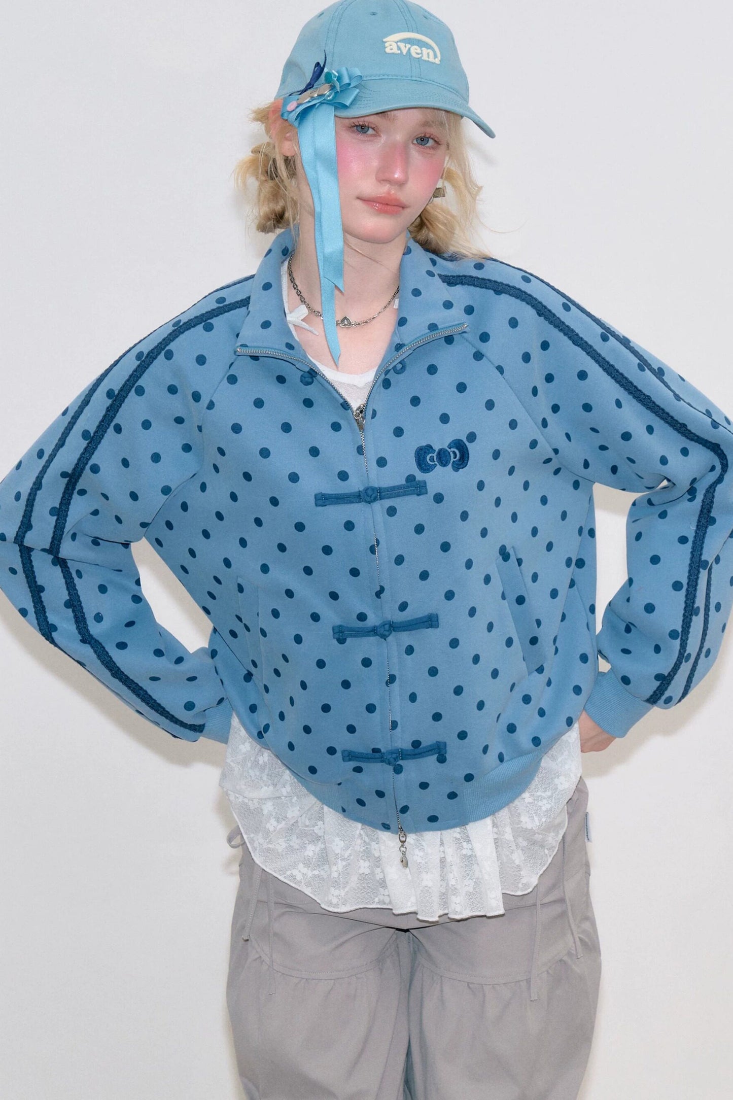 Blue Polka Dot Zipper Hoodie Jacket