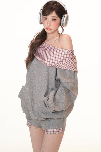 Gray Plaid Patchwork Sweatshirt and Shorts Set-Up