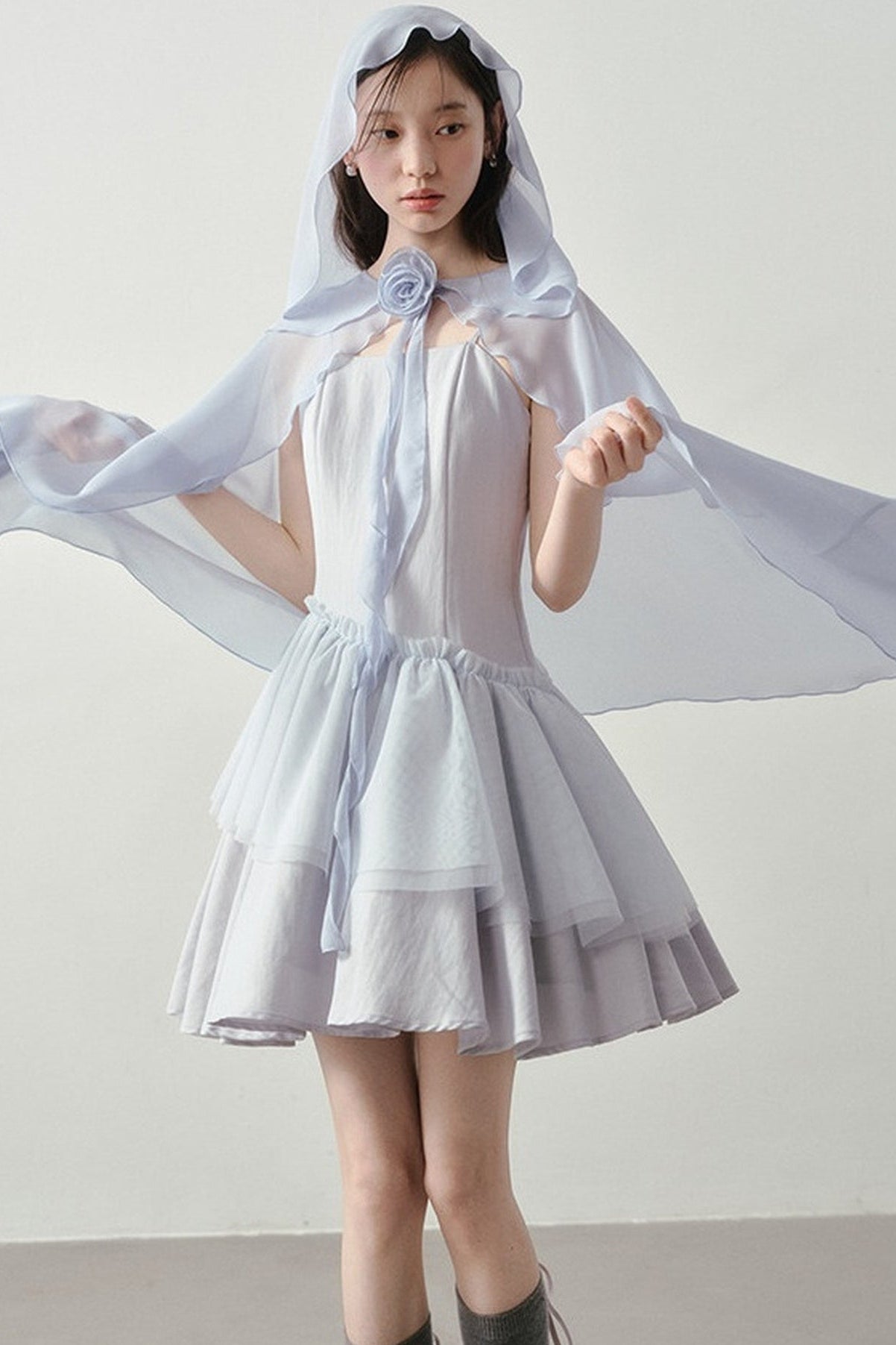 Muyu Camellia Cake Dress with Shawl Set
