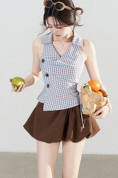 Blue Plaid Sleeveless Halter Shirt and Irregular Hem Skirt Set-Up