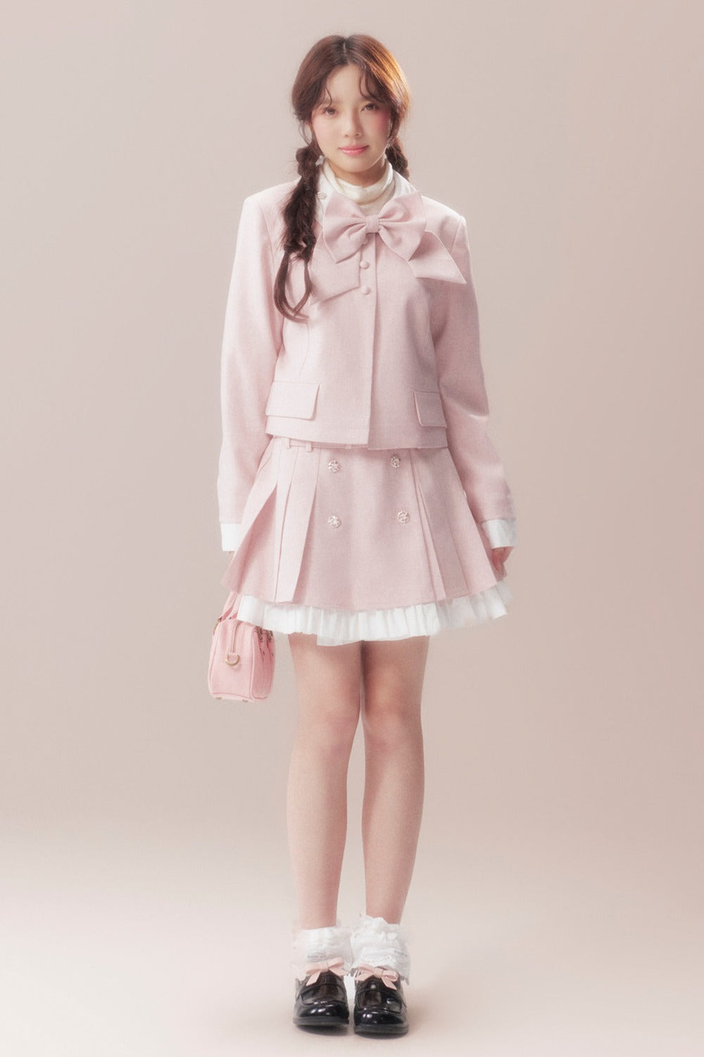 Bowknot Jacket and A-Line Pleated Skirt