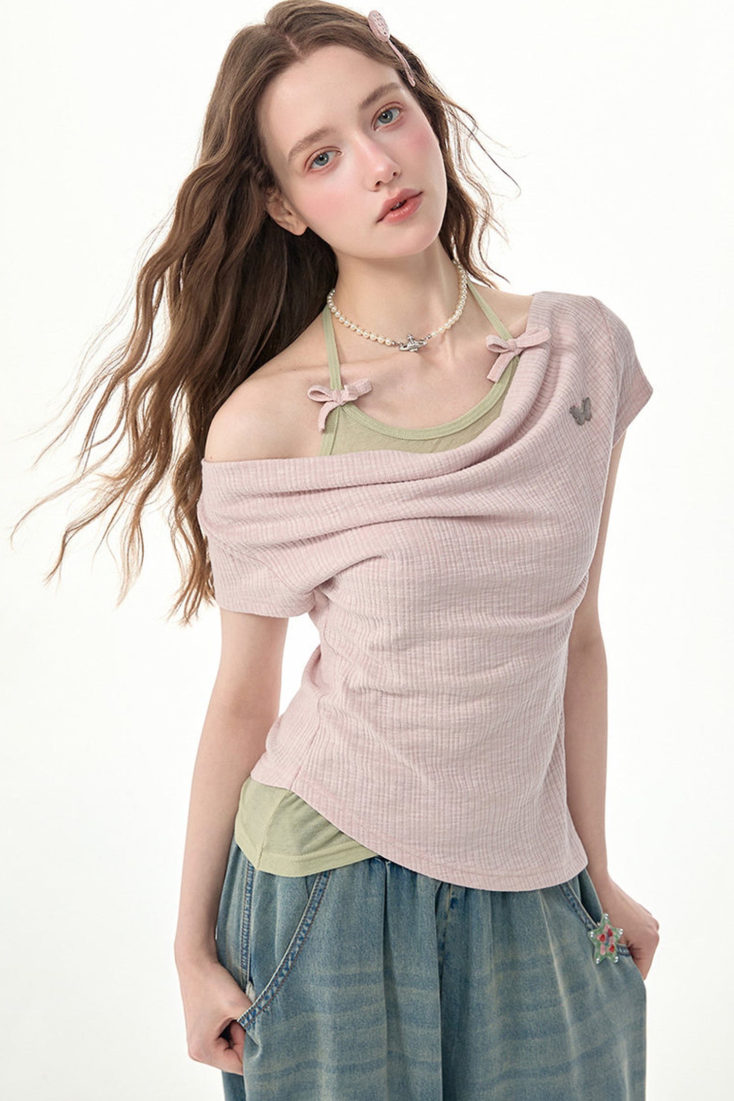 Flared Collar Pink Halter Neck Top