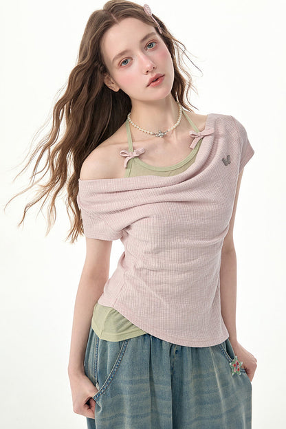 Flared Collar Pink Halter Neck Top