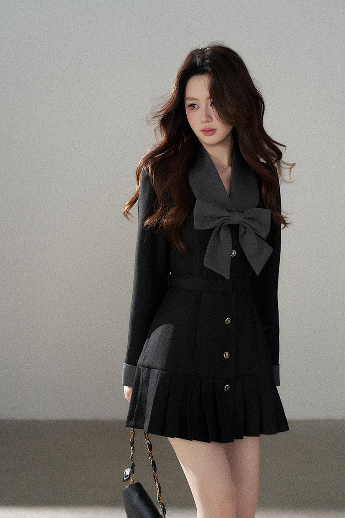 Black Bow Pleated Dress