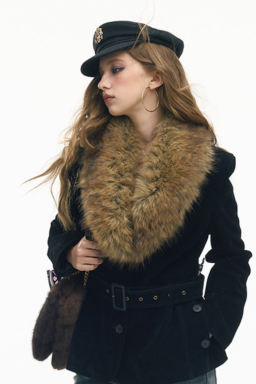 Belted Suede Fur Collar Jacket