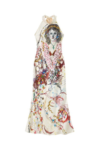 Vintage Hand-Drawn Portrait Halter Maxi Dress