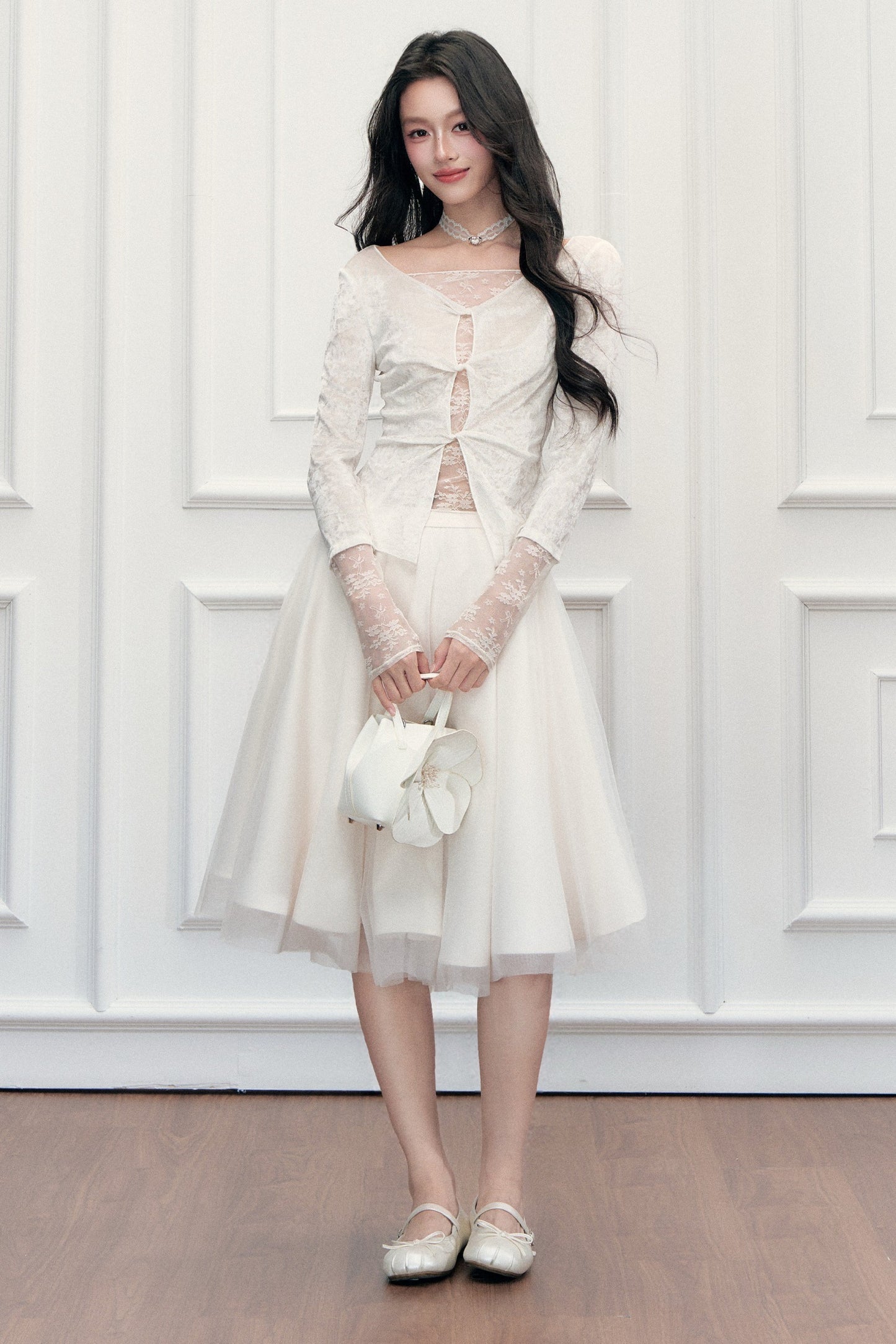 Twisted Hollow Lace Top and Skirt Set-Up