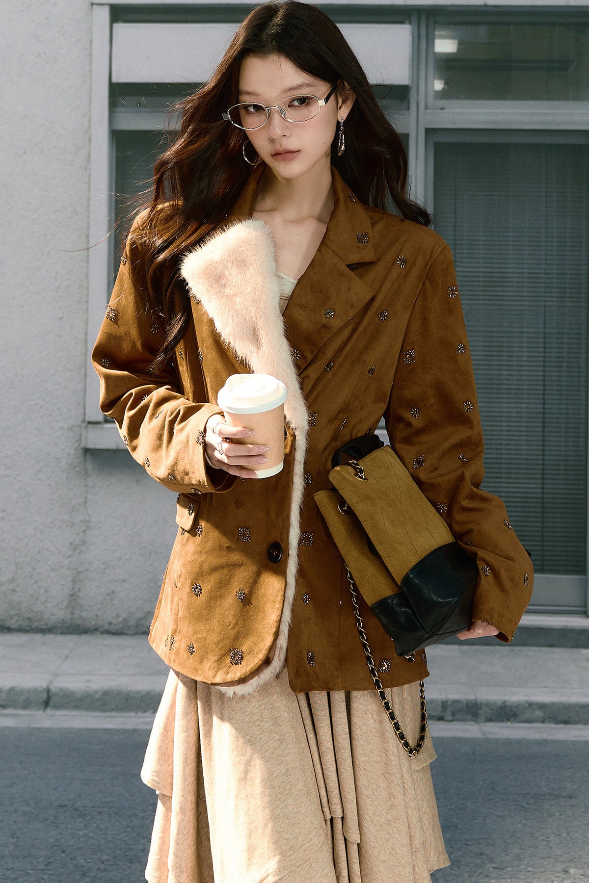 Beaded Suede Detachable Fur Collar Jacket