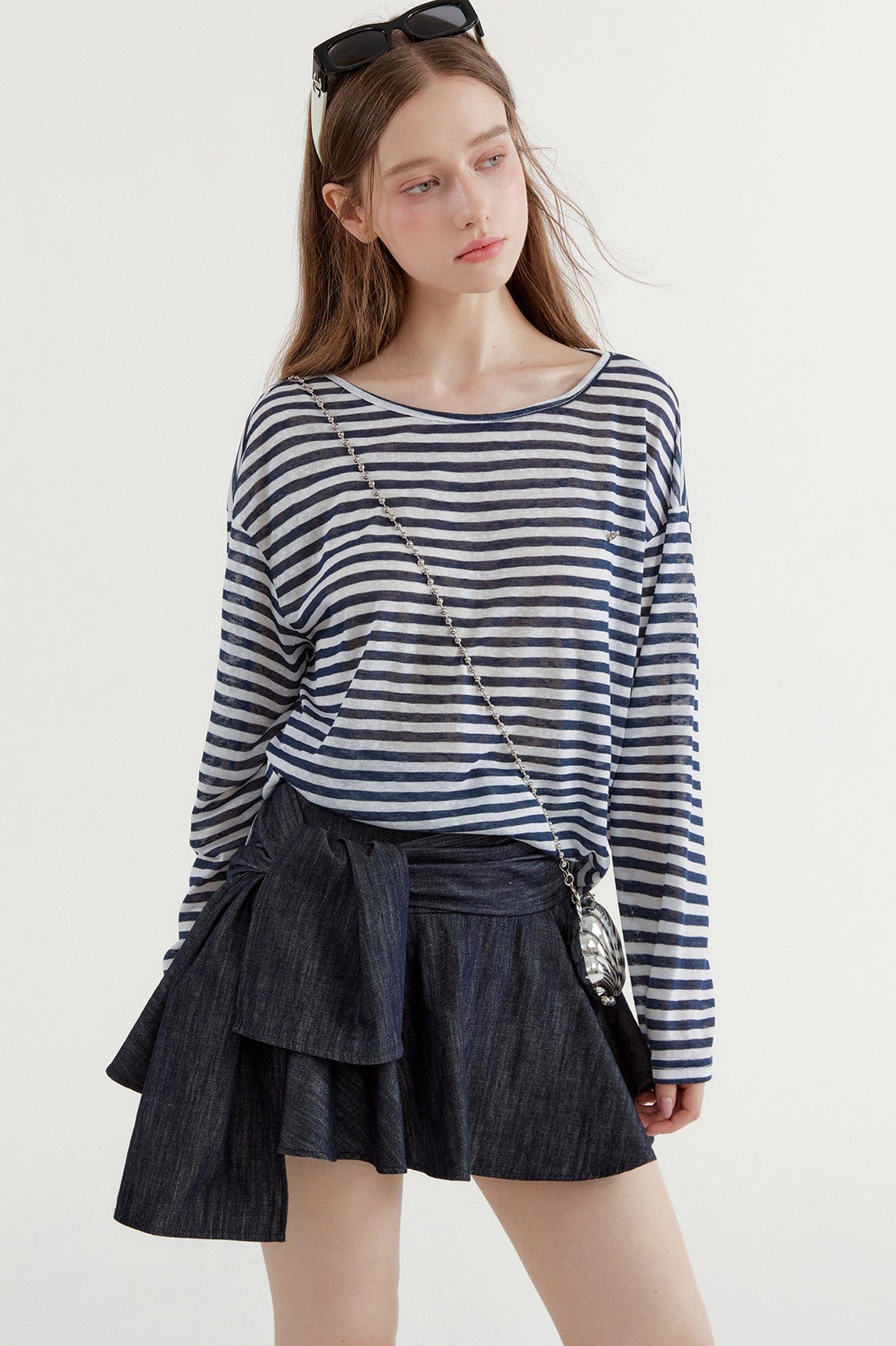Navy Striped Long-Sleeve Top and A-Line Denim Skirt Set