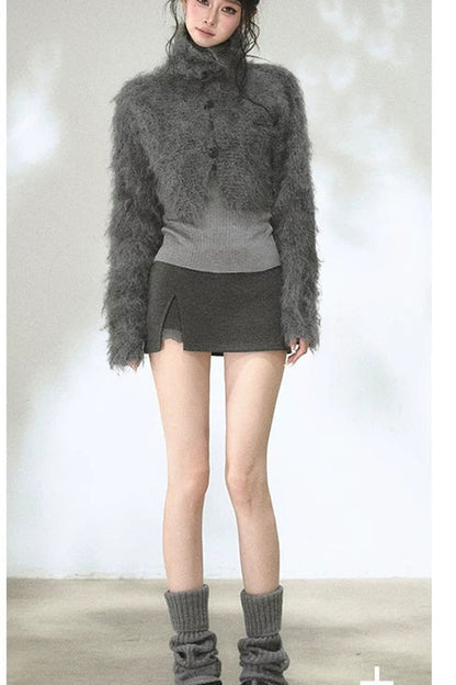 Long-Haired Turtleneck Knit Cardigan