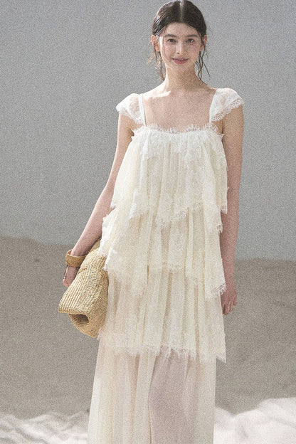 Asymmetric French Lace Mesh Top Set