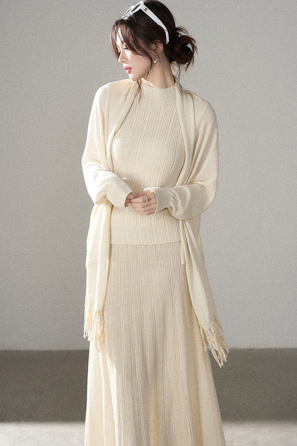 Turtleneck Sweater Long Skirt Shawl Cardigan Set