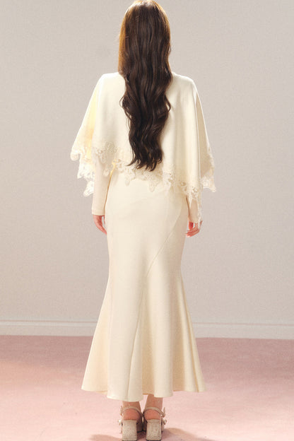 Artistic Bow Lace Knit Cape and Skirt Set-Up
