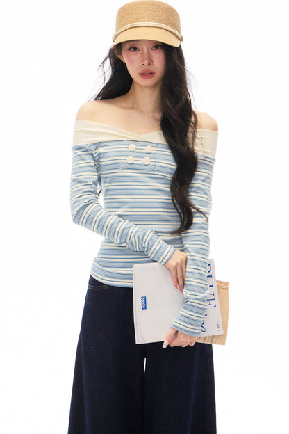 Striped Off-Shoulder Knit Top and Jeans Set-Up