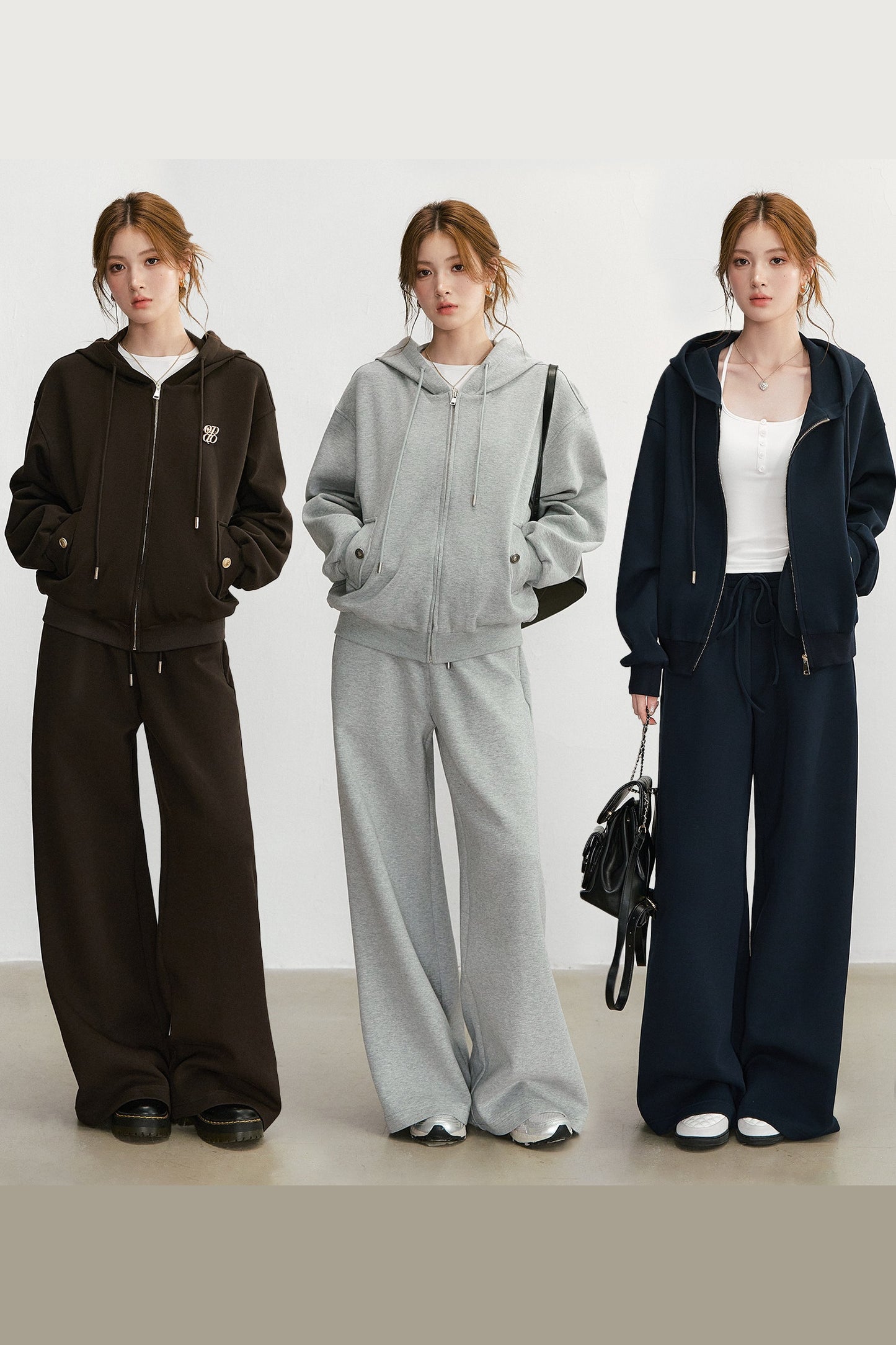 Embroidered Hooded Cardigan Sweatshirt and Wide-Leg Pants Set-Up