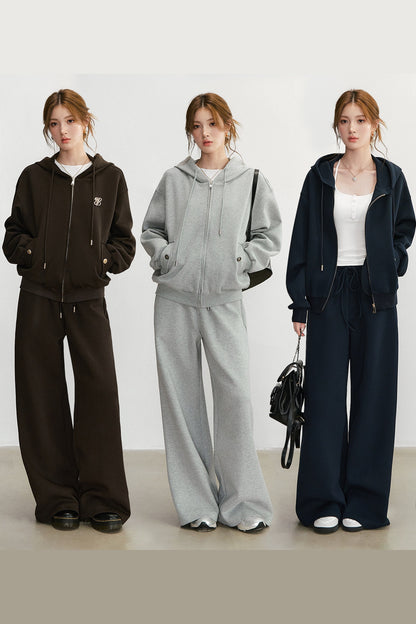 Embroidered Hooded Cardigan Sweatshirt and Wide-Leg Pants Set-Up