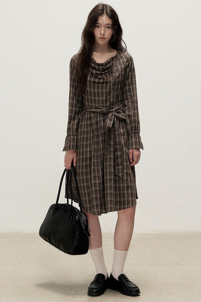 Diagonal Placket Plaid Ribbon Dress