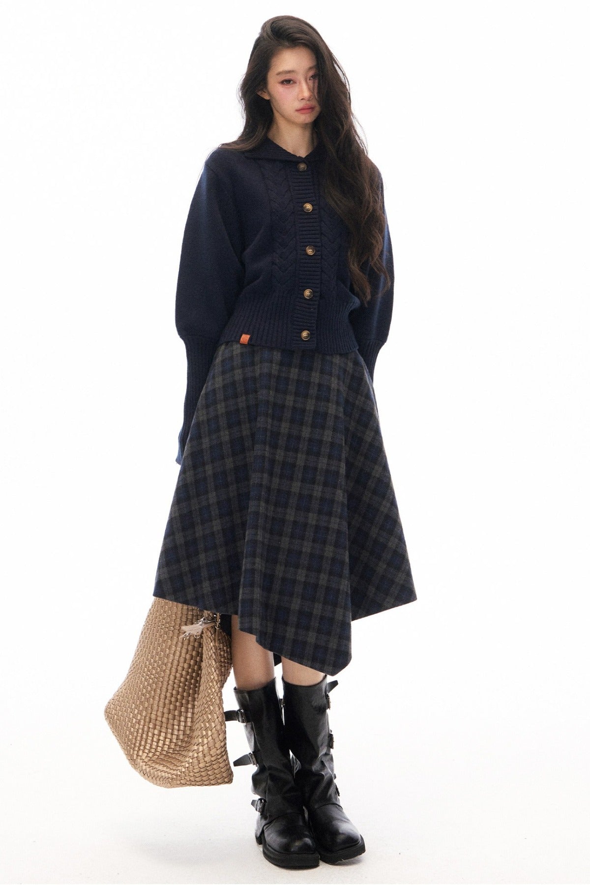 Navy Blue Plaid Jacket and Skirt Set-Up