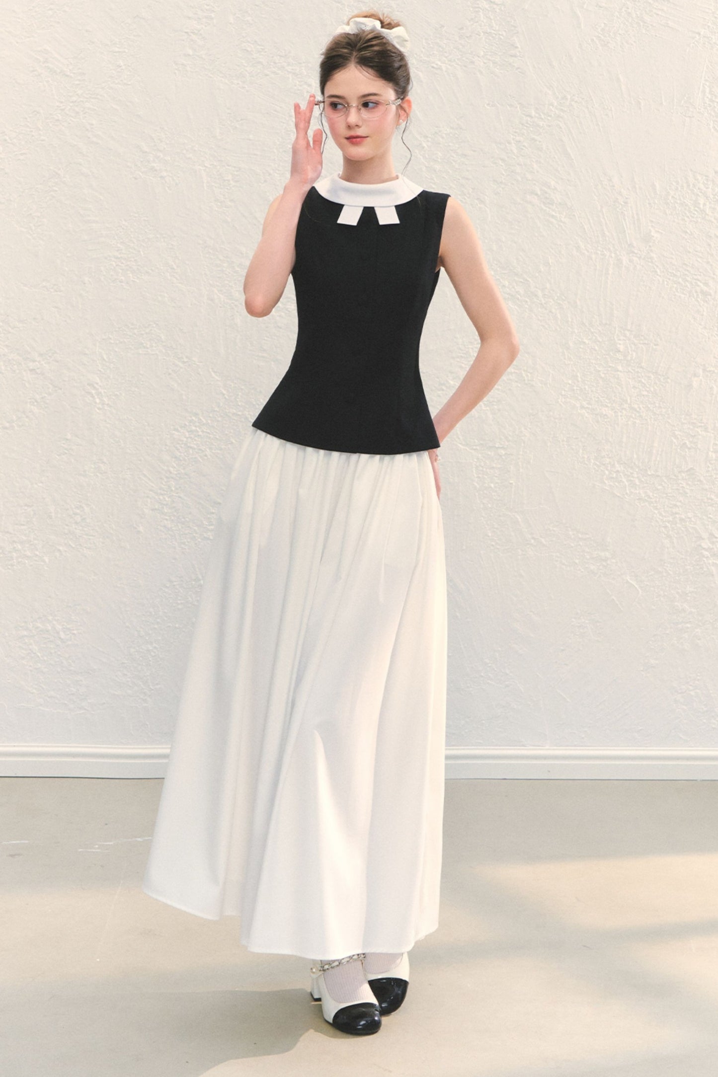 White Pleated A-Line Long Skirt