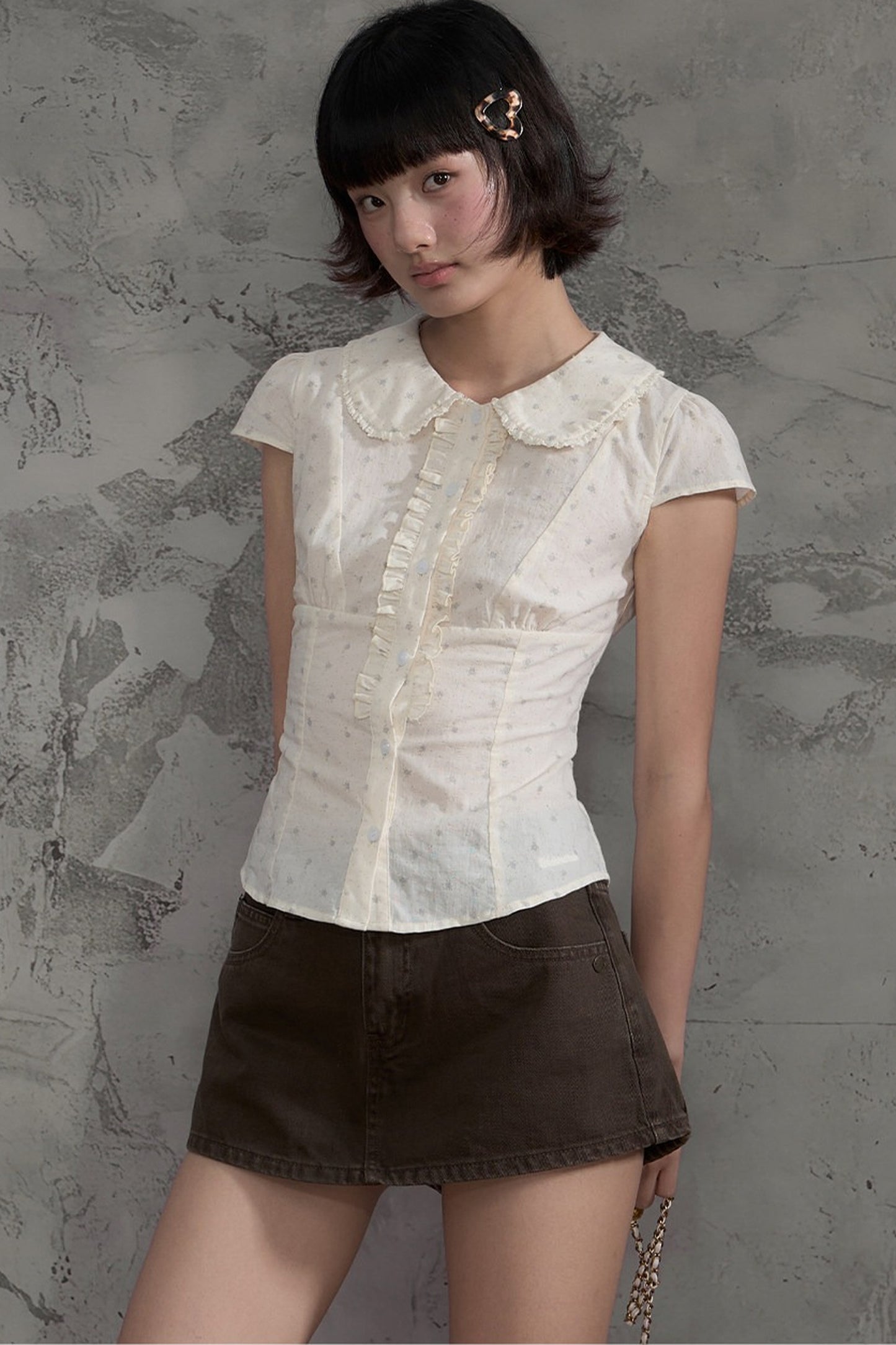 Floral Ruffle Doll Collar Blouse and Skirt Set-Up