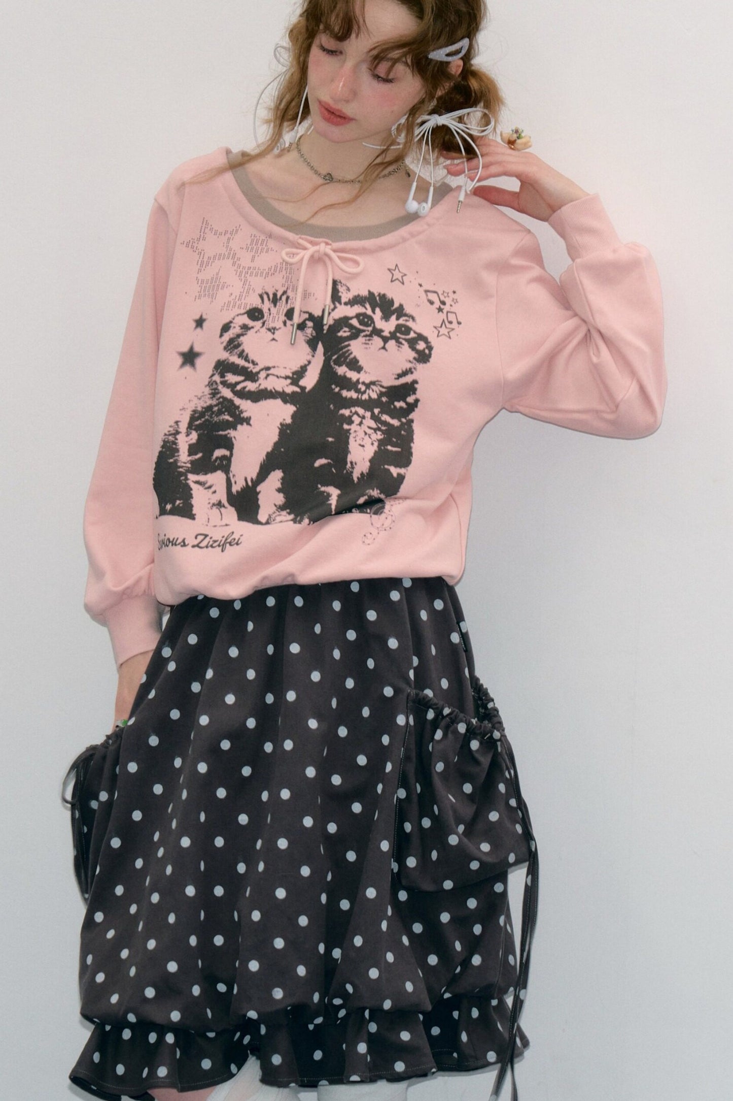 Pink Cat Print Tie Neck Sweatshirt