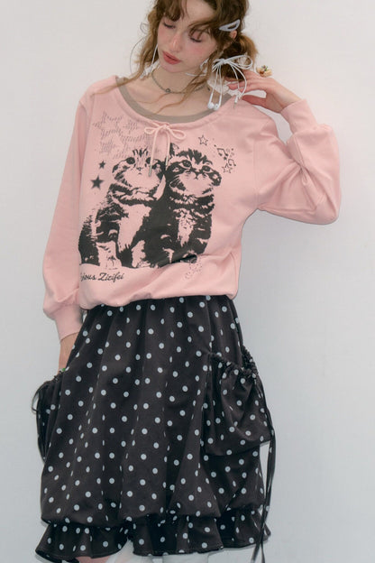 Pink Cat Print Tie Neck Sweatshirt