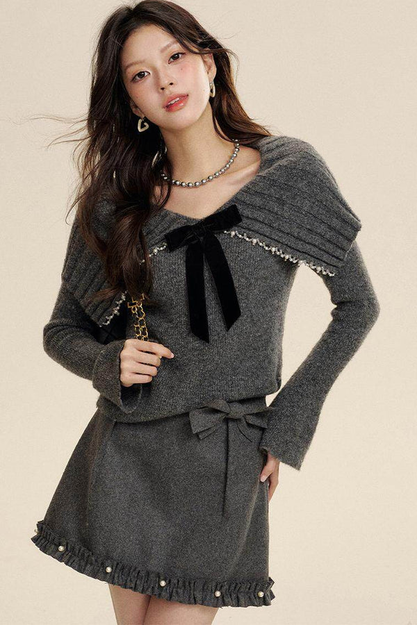 Bow-Knot Pearl Knit Sweater and Skirt Set-Up