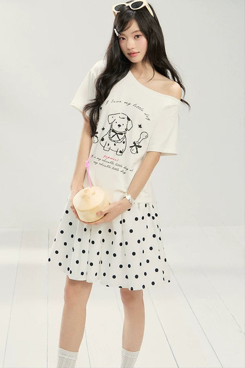 White Puppy Print Off-Shoulder Tee