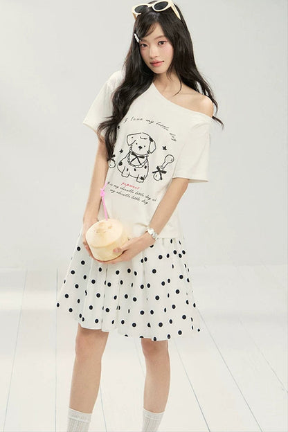 White Puppy Print Off-Shoulder Tee