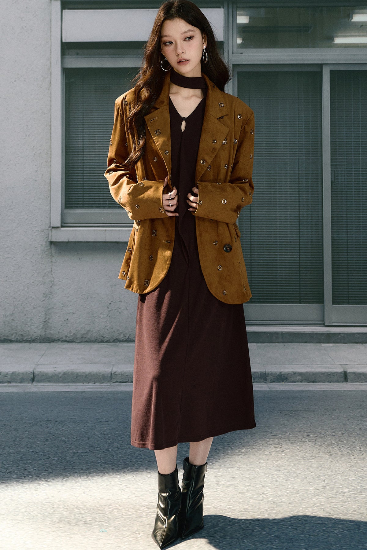 Beaded Suede Detachable Fur Collar Jacket